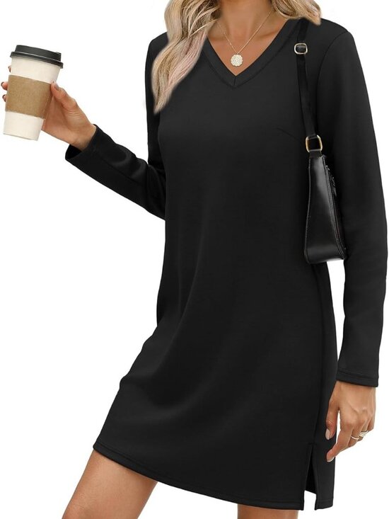 Dresses & Skirts - Dresses for Women 2025 Casual Long Sleeve V Neck Tshirt Dress Side Split Fashion